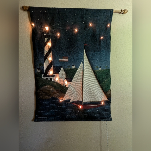 Blue and Green Nautical Tapestry‎ with Lighthouse and Sailboats - Picture 1 of 7